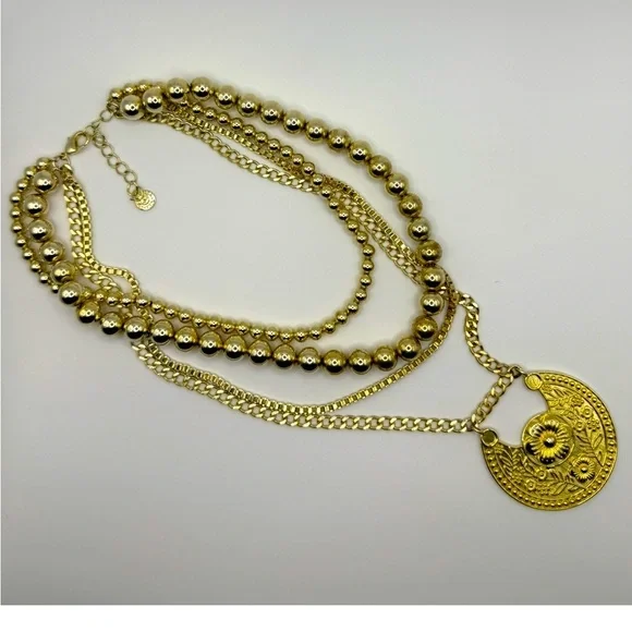 Victoria Emerson Gold-tone Multi Layered Floral Beaded Chain Statement Necklace - Picture 3 of 7